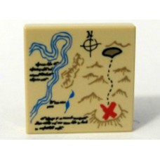 Part 3068bpb0148 Tan Tile 2 x 2 with Map River, Dark Tan Mountains, Handwriting and Red 'X' Pattern 